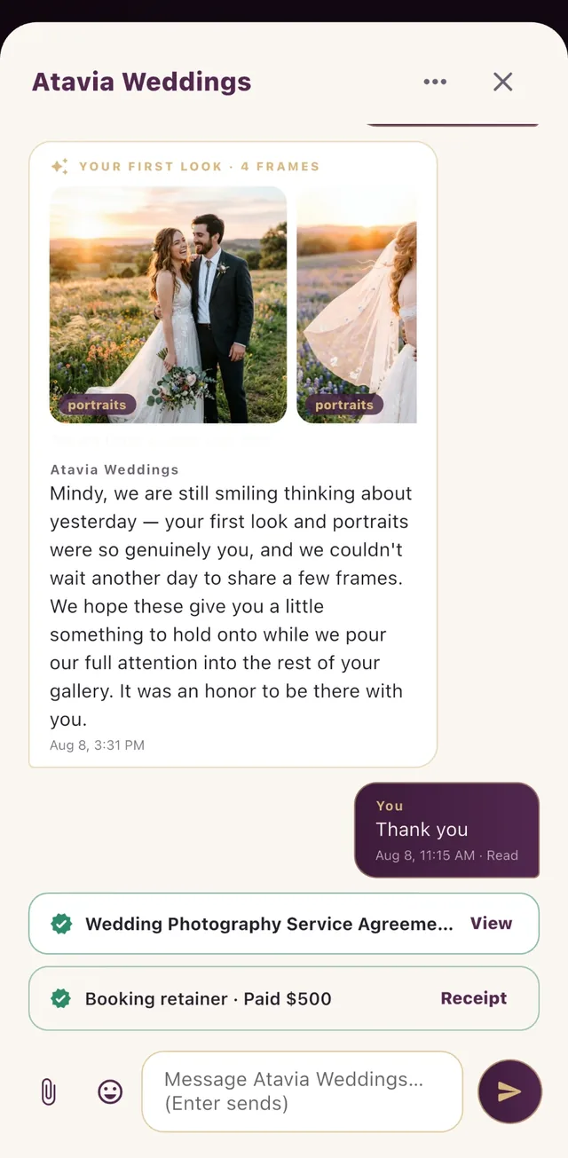 A vendor thread with sneak-peek photos, the signed agreement and the paid retainer