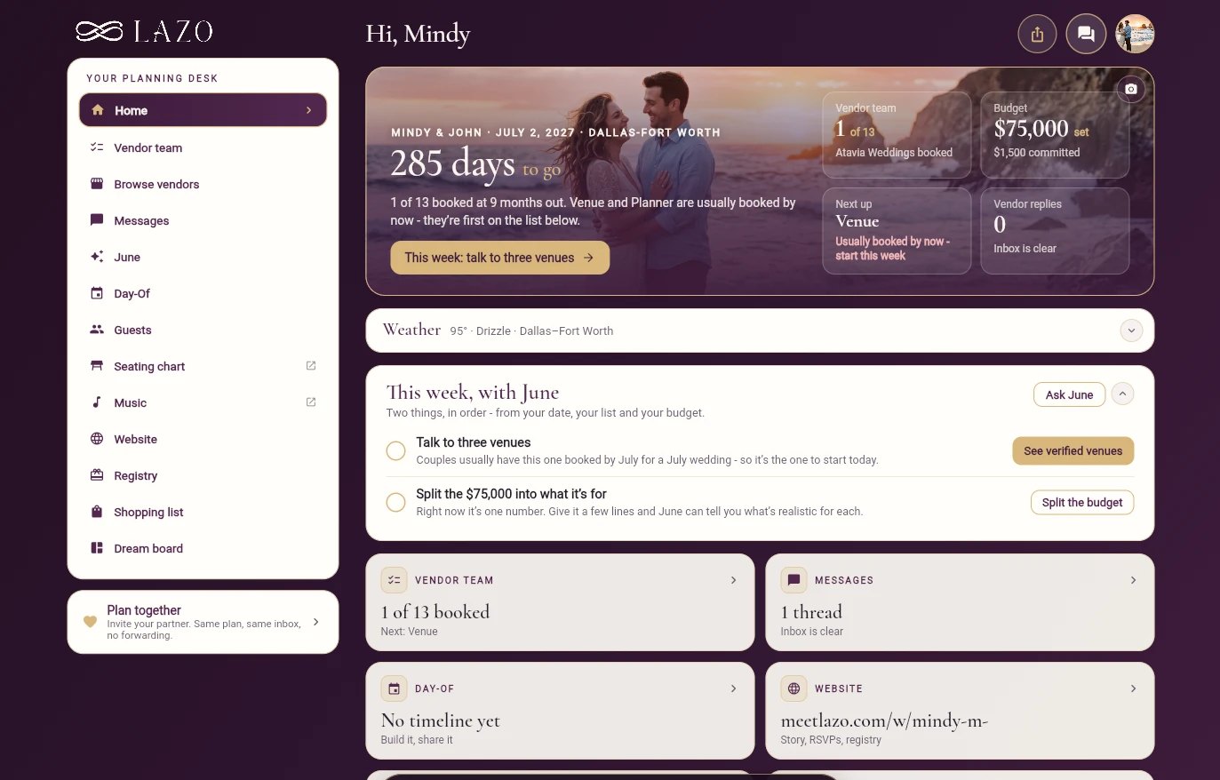 The Lazo planning desk: 285 days to go, this week with June, vendor team, messages, day-of, website, and the rail with seating chart, music, shopping list and dream board